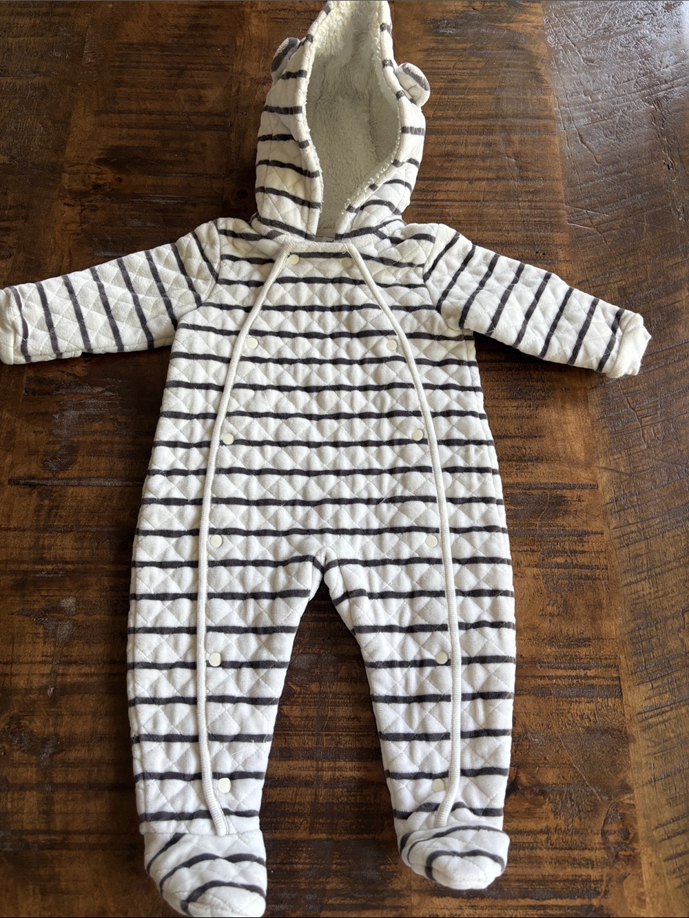 Like New Nordstrom Cream & Black Striped Quilted Baby Footie with Hood